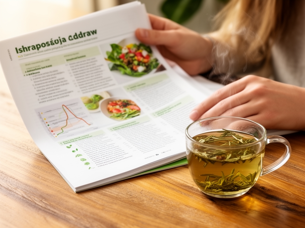 Ruka koja listava naučni časopis o ishrani i zdravlju pored šolje biljnog čaja na drvenom stolu — prizor istraživanja i studiranja u toplom, naturalnom svetlu