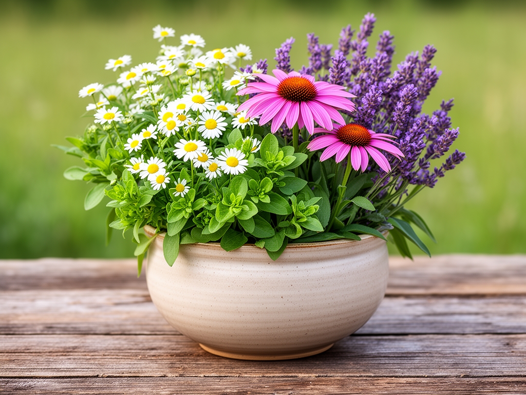 Sveže biljke i cvetovi raspoređeni u keramičkoj posudi — kamilica, bokvica, ehinacea i lavanda na seoskom drvenom stolu u prirodnom svetlu