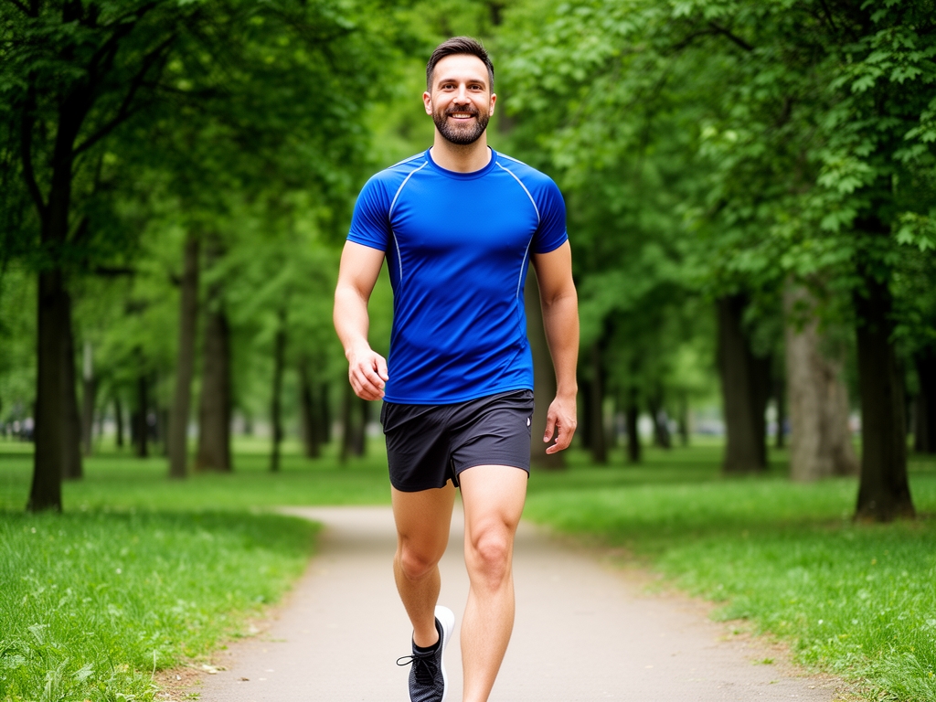 Sredovečni muškarac u laganoj sportskoj opremi koji šeta po parku okružen zelenilom — opuštena, pozitivna atmosfera zdravog načina života bez fokusa na lice