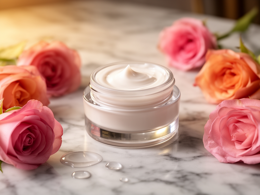 Elegantna staklenka sa kremom za lice otvorena na mramornoj površini, okružena svežim laticama ruže i kapljicom vode — prikaz prirodnih sastojaka u nezi kože sa toplim, mekim osvetljenjem