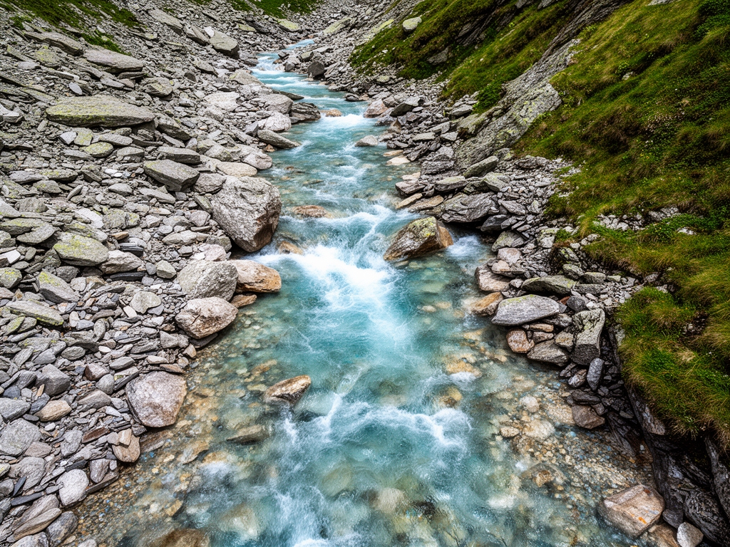 Kristalno čista voda koja teče niz kamenje u planini, snimak vodenog toka odozgo — prirodni pejzaž koji simbolizuje vitalnost, čistoću i tok energije